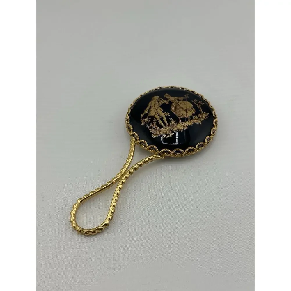 Mini Limoges France Colbalt Blue Hand Mirror Courting Couple Gilded Metal 4.75